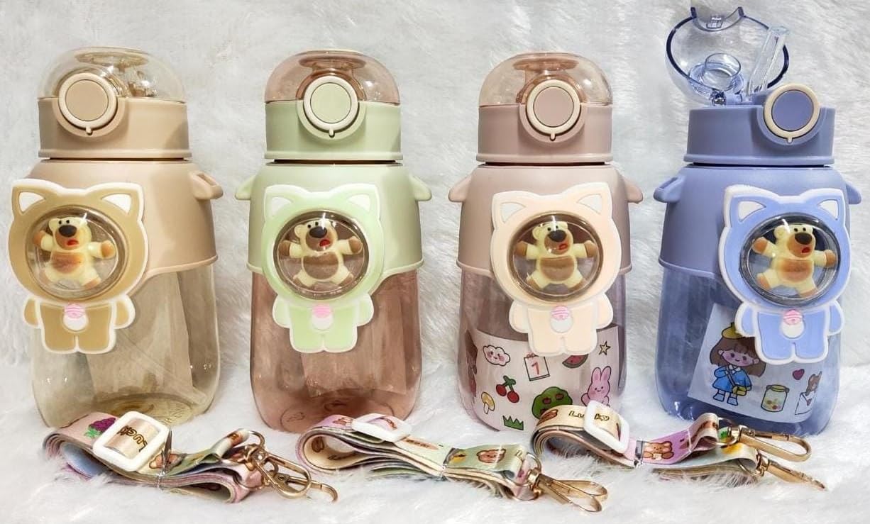 Kawaii PP BPA free cute bear squishy Water Bottles with Straw 680 Ml