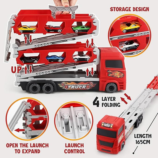 Foldable Transport Truck Toy with Car Ejection Launcher – Multi-Car Carrier Playset for Kids