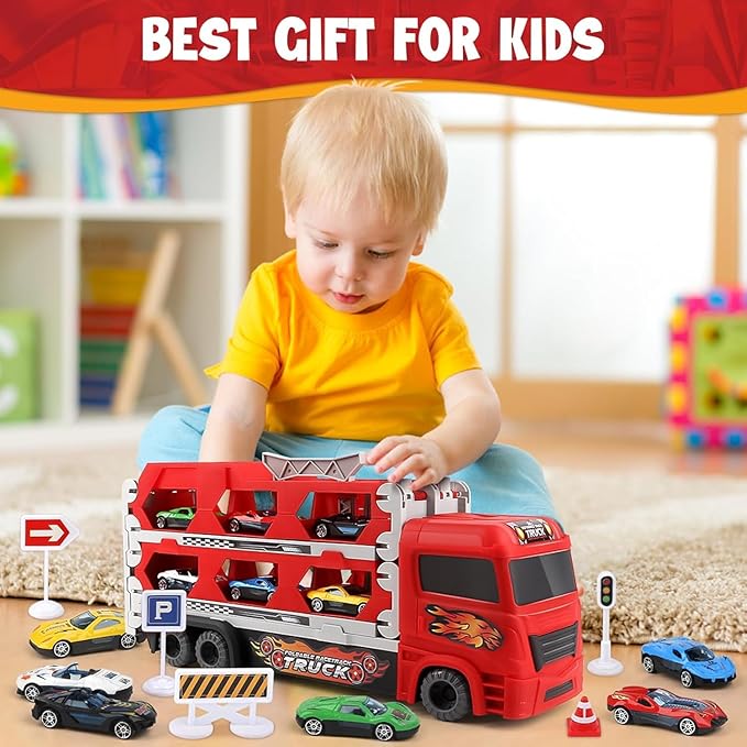 Foldable Transport Truck Toy with Car Ejection Launcher – Multi-Car Carrier Playset for Kids