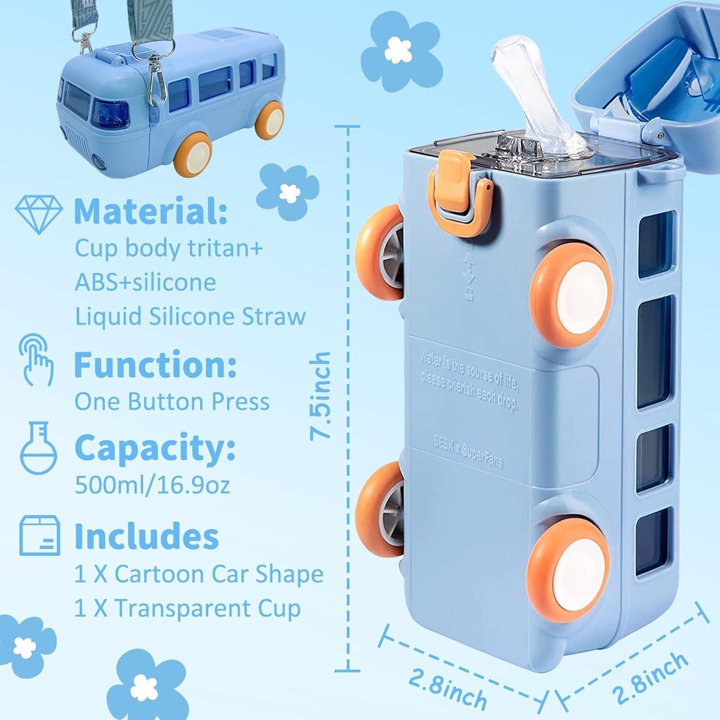 Portable Cute Bus Design Water Bottle with Straw and Strap