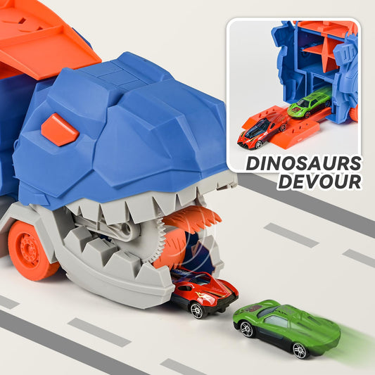 2-in-1 Dinosaur Storage Truck Toy with Diecast Cars – Carrier & Playset for Kids
