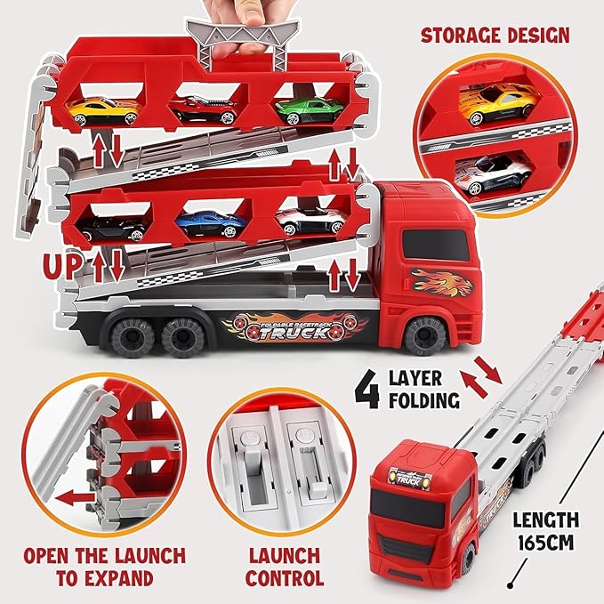 Foldable Transport Truck Toy with Car Ejection Launcher – Multi-Car Carrier Playset for Kids