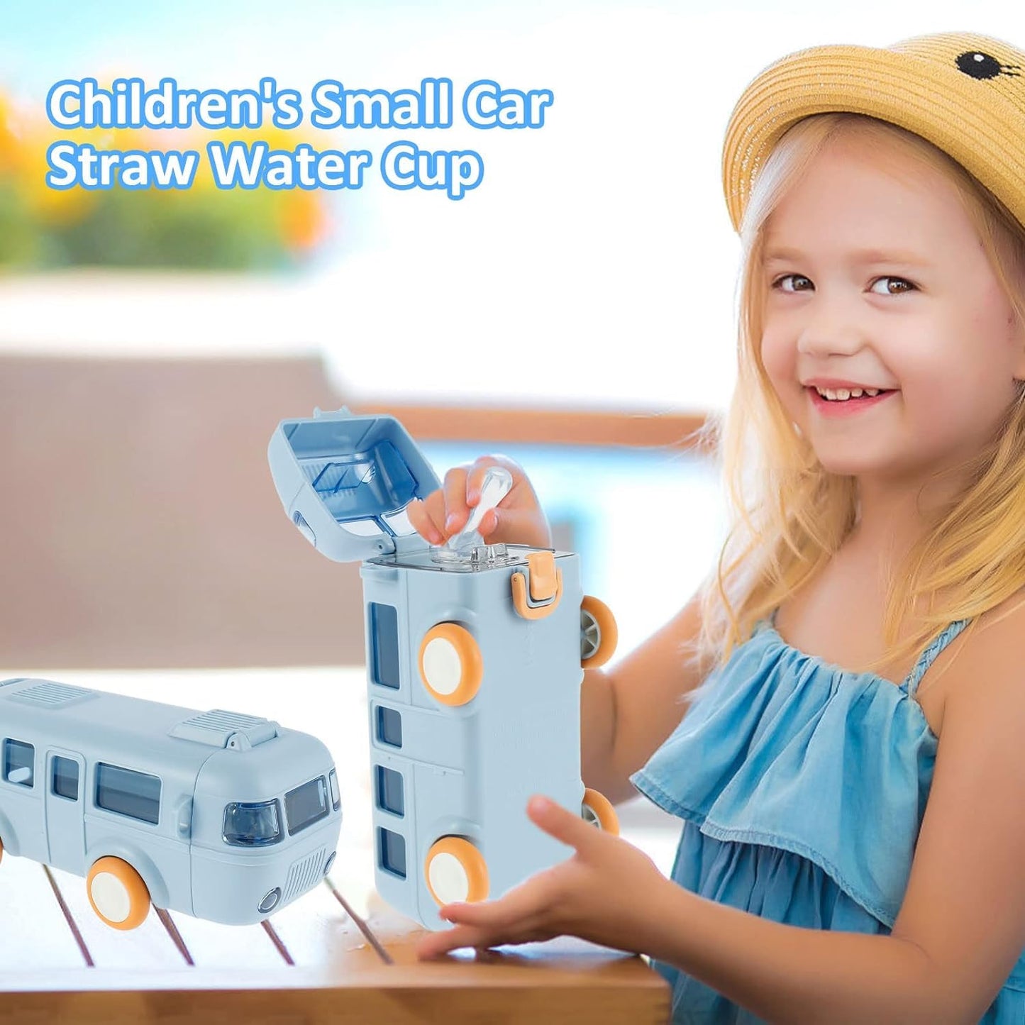 Portable Cute Bus Design Water Bottle with Straw and Strap